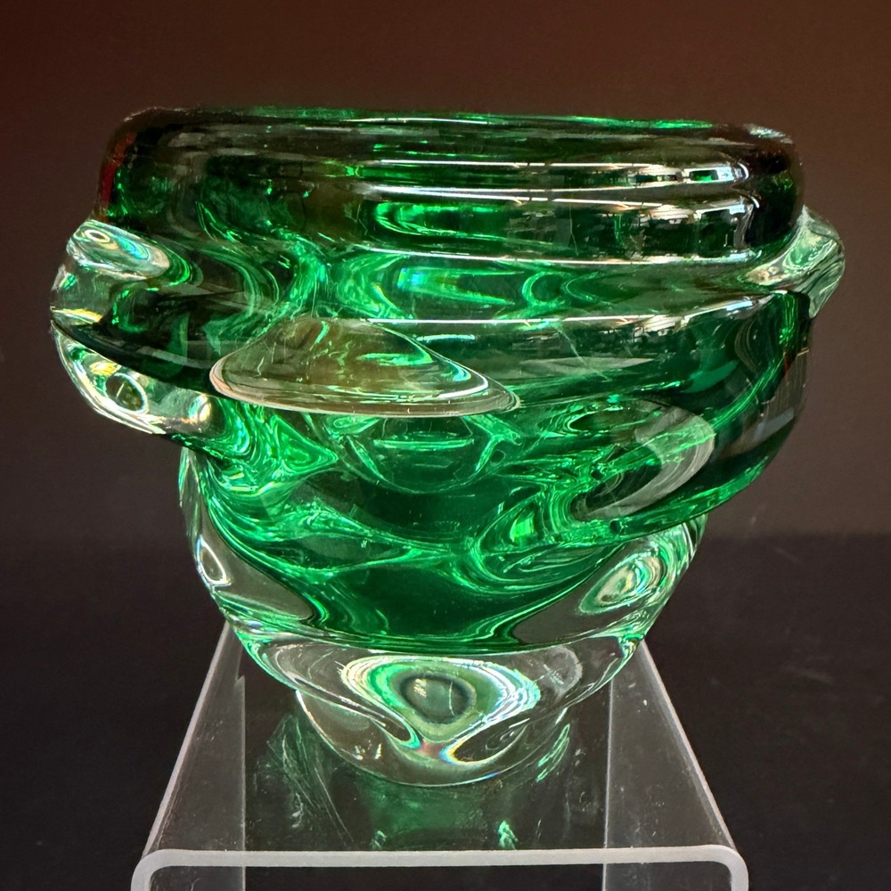 Vintage Czech Art Glass Bowl Vase Emerald Green Clear Swirl Mid Century 4.5"